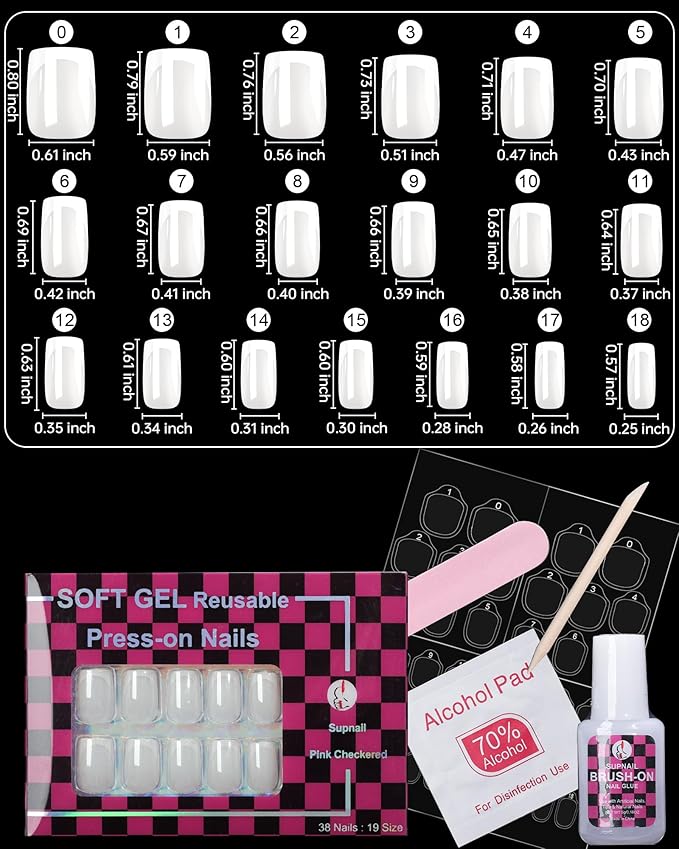 Press on Nails,Chrome French tip Short Square, 19 Sizes, 38 Pieces,Fake Nails with Brush-on Glue & Adhesive Tabs (Chrome White French Tip)
