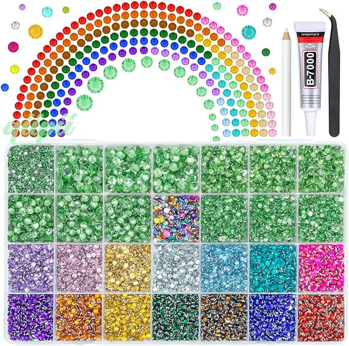 28 Grids Emerald Green 2-6mm Resin Rhinestones w B7000 Glue for Bedazzling Crafting Colorful Flatback Stones Diamonds Crystals Gems Bedazzler Kit for Nails Face Eyes Makeup Tumblers DIY Crafts