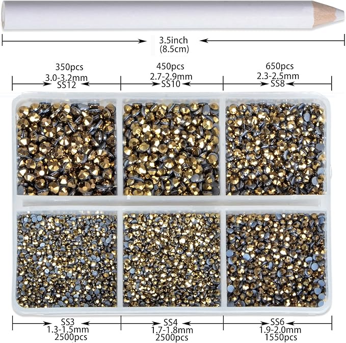 8000pcs Hotfix Rhinestones Flatback,Rhinestones for Crafts Clothes Mixed 6 Sizes, Hotfix Crystals with Wax Pencil Kit, SS3-SS12,Aurum