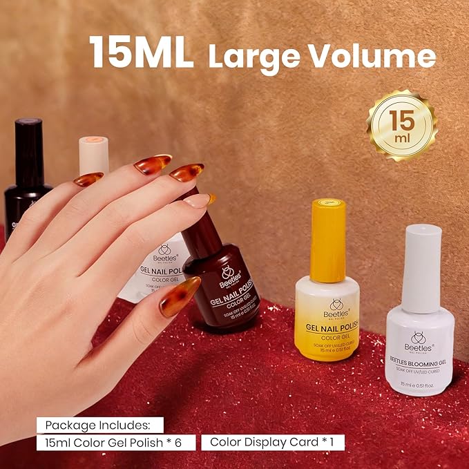 Beetles Blooming Gel Polish Set - Amber Traces 5 Colors Gel Polish Kit White Jelly Nude Brown Amber with 1 Bottle Blooming Gel 15ml Soak Off Uv Nail Art Gfit for Women