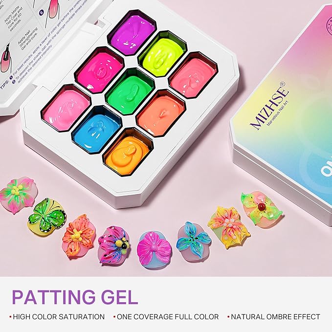 MIZHSE White 3D Sculpting Nail Gel and 9 Colors Patting Gel Polish Kit，3D Gel Nail Art Ombre Soak Off U V LED Painting Gel Set with Sponges, for Home & Salon Use