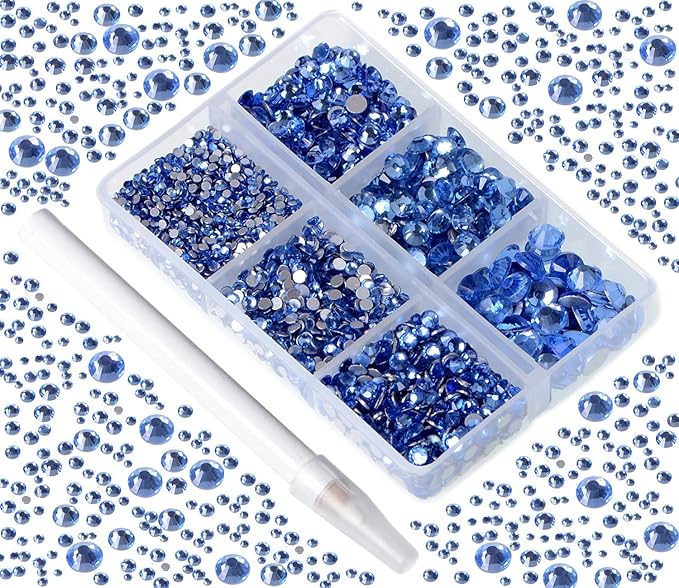 Bymitel 5000 Pieces 6 Mixed Sizes Glue Fix on Glass Rhinestones Round Crystal Gems Flatback for DIY Jewelry Making with one Picking Pen(6-Sizes 5000PCS, Lt. Sapphire)