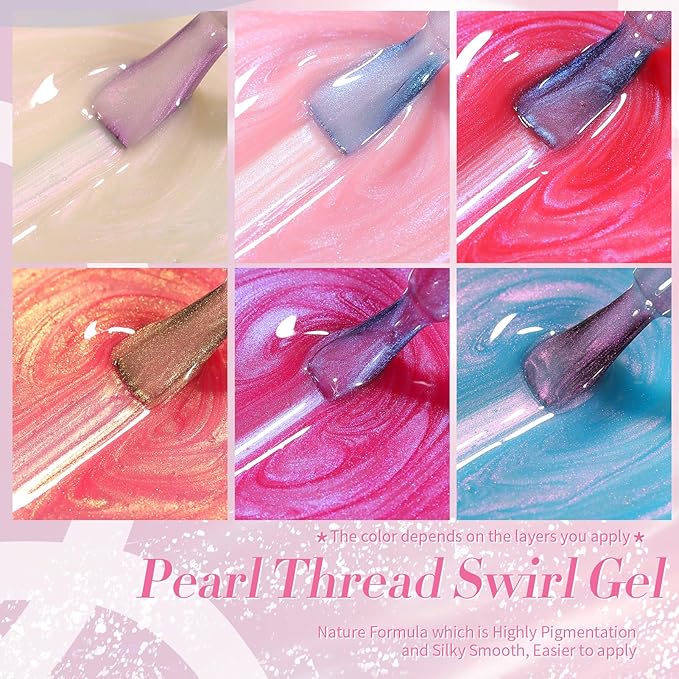 Born Pretty Pearl Gel Nail Polish Aurora Iridescent Glitter Shimmer Mermaid Pearl Gel Polish Drawing Gel Nail Polish Shell Swirl Thread Effect Nail Gel Soak Off Led Summer DIY Gift 6PCS