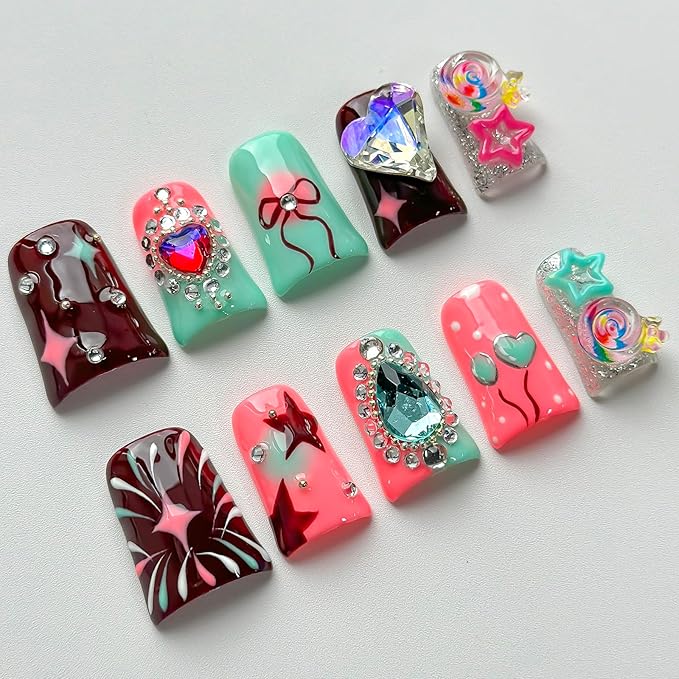 Luxury Press on Nails Short Duck Handmade 3D Unique Reusable ABS Material Fake Nails Pink Cute False Nails with Designs Rhinestones Stars Lollipop Glossy Glue on Nail Thick Acrylic Nail(S)