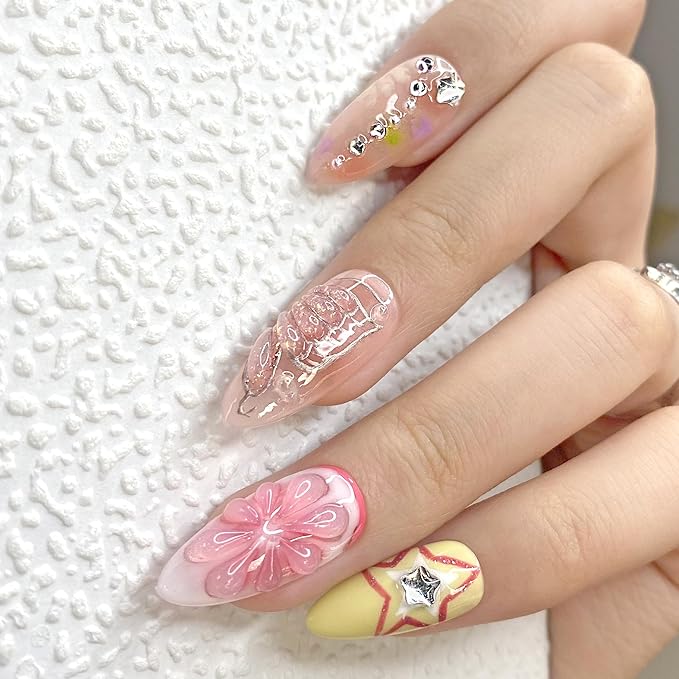 Press On Nails - Medium Almond Handmade Unique Fake Nails, Thick Acrylic and Muti-Layer Gel False Nails, Reusable Gel Cured Sturdier 3D Fake Nails,DIY Art Decorate (Size M)