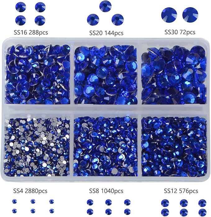 Bymitel 5000 Pieces 6 Mixed Sizes Glue Fix on Glass Rhinestones Round Crystal Gems Flatback for DIY Jewelry Making with one Picking Pen (6-Sizes 5000PCS, Sapphire)