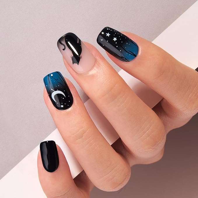 Curvlife Press on Nails Acrylic Fake Nails with Night Medium Square Design Full Cover False Nails for Women Reusable Nail Kit with Nail Glue Adhesive Tabs