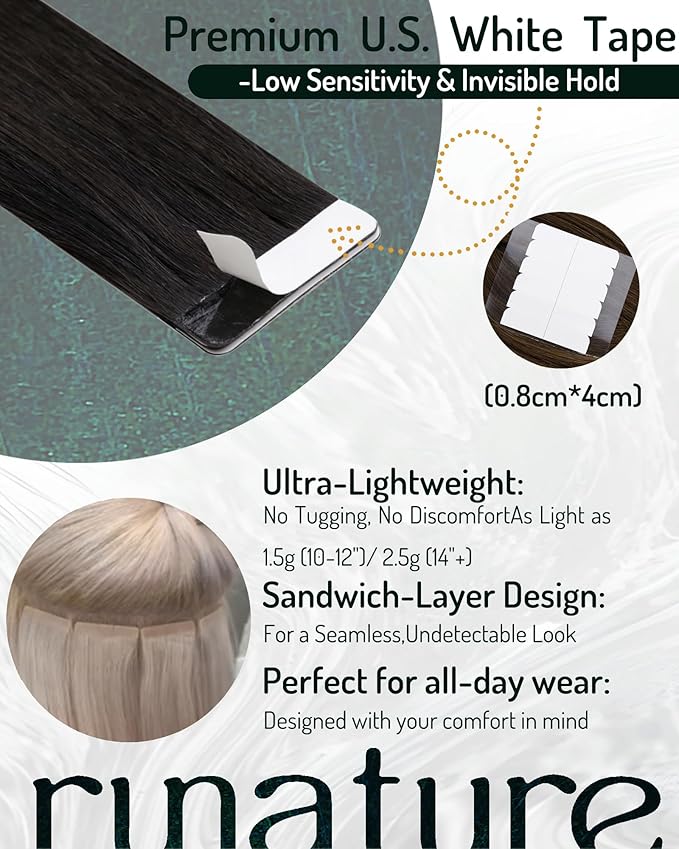 RUNATURE 20 Inch Tape in Extensions Human Hair Natural Black Ombre Blonde Hair Extensions for Women Real Hair Smooth Textured Can Be Curled Easy to Install #1B/4/27
