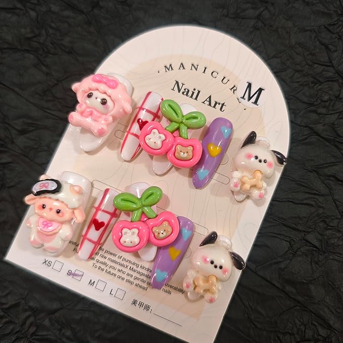 10Pcs(1Pack) Handmade Press On Nails 3D Flower Nails Cute Catoon Kitten Nails for Women Party Holiday Daily Wear Size M