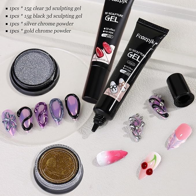 3D Gel Nail Art Kit – No Wipe Black and Clear Sculpting Gel for Embossing Painting Design with Gold Silver Chrome Powder 3D Liner Gels Flowers Carving Modeling Decor Salon Supplies 15ML 2PCS