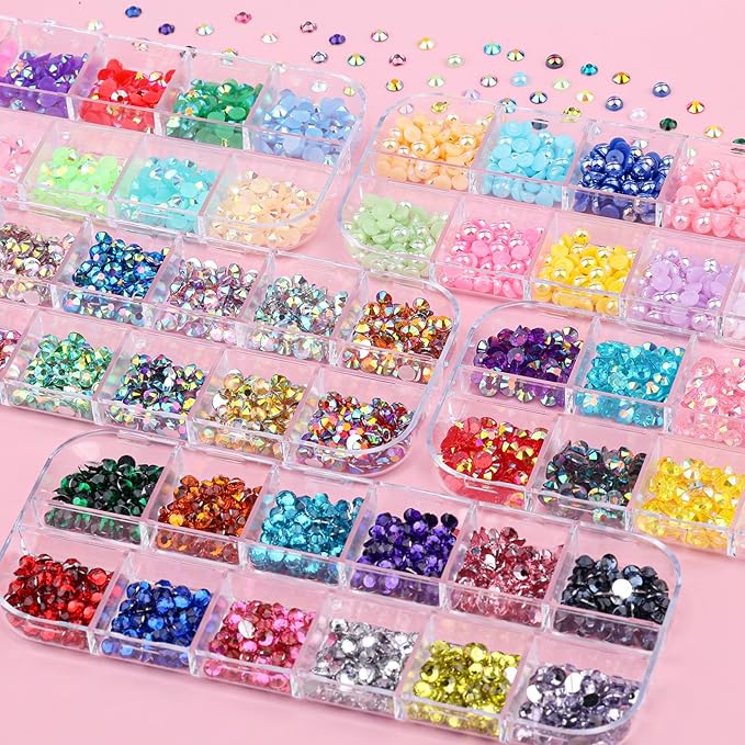 5 Boxes 3000pcs Sparkling Crystal Nail Rhinestones Pearls Kit, Flatback Multicolor Transparent Jelly AB Mermaid Gems with Pick Up Pen and Curved Tweezers for Manicure Salon & Craft DIY Designs (4mm)