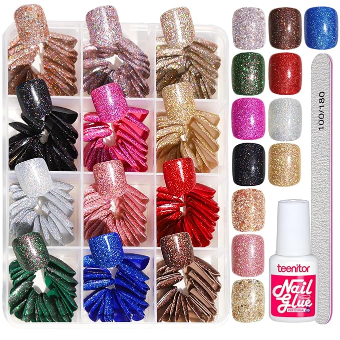 Teenitor Short Press on Nails,288PCS Glitter Square Press on Nails, Fake Nails, Short False Nails, Finger Nails