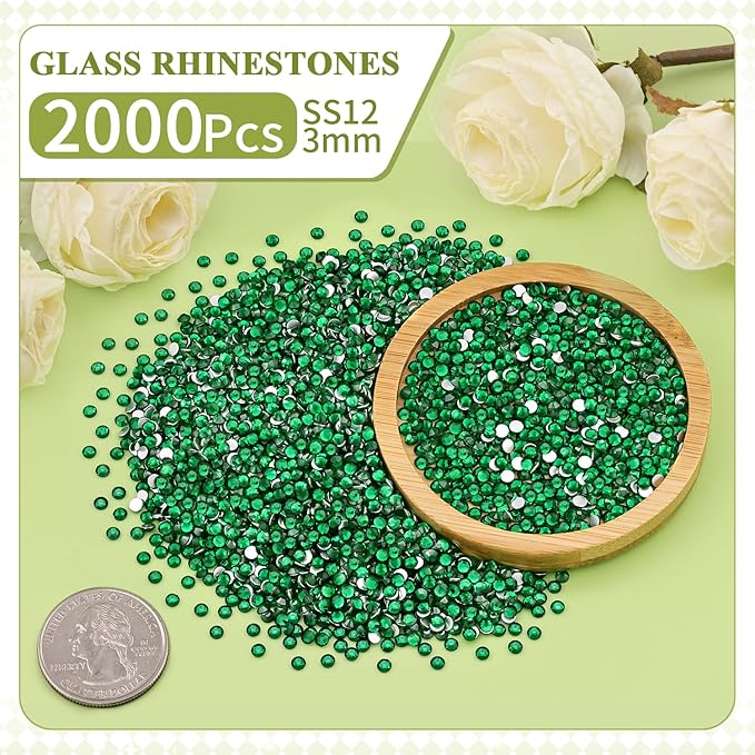 2000PCS SS12/3mm Crystal Rhinestones (Emerald Green), Bedazzling Flatback Glass Rhinestones for Crafting, Gems Diomand Charms for Tumbler Shoes Clothing Mugs Nail Art