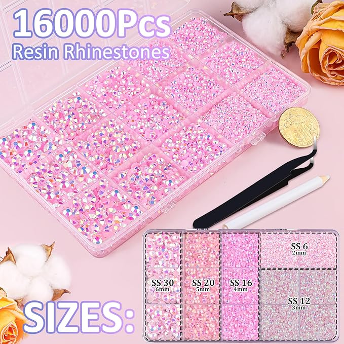 16000Pcs Resin Jelly Rhinestones with Tweezers for Crafting, Light Pink AB 2-6mm Mixed Sizes Flatback Gems, Bedazzling Crystal for DIY Crafts Clothing Tumblers Mugs Shoes Fabric Nail Art