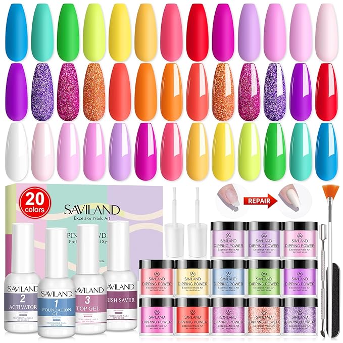 SAVILAND Dip Powder Nail Kit Starter: 29 Pcs Dip Nails Powder Starter Kit for All Season 15 ml Dipping Liquid Set with Base Top Coat Activator for French Nail Art Manicure DIY Salon Ideal Gift Set