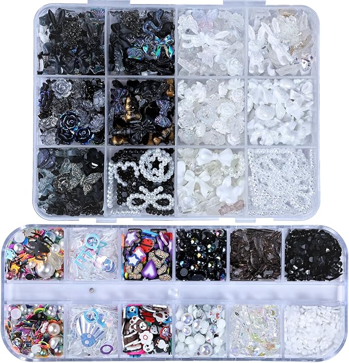1400 Pieces 3D Butterfly Rose Flower Bow Rabbit Bear Nail Charms Kit with Nail Art Rhinestones Pearls Crystal Gems Nail Slices for Manicure DIY Crafts Jewelry Accessories (Black White)