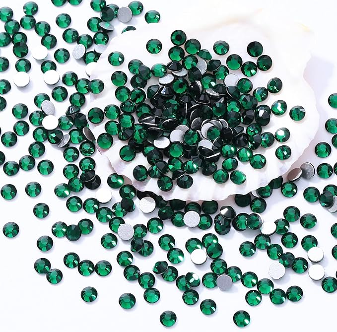 Green Flatback Rhinestones, Glass Rhinestones for Nail Art and Craft, Glue Fix, Loose Crystal Gemstones(Green, SS12, 2880pcs, 2.9-3.0mm)
