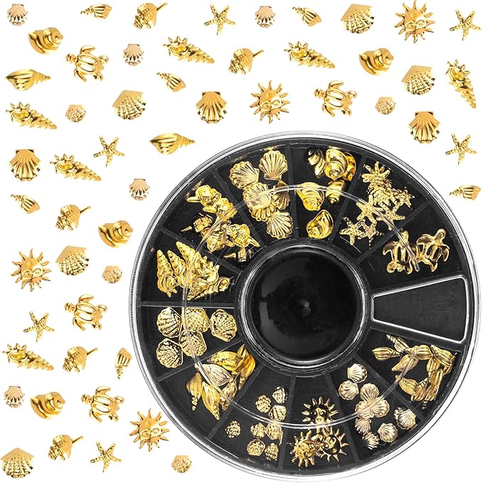 Ocean Nail Art Charms, 3D Metal Nails Stickers, Beach Starfish Seashell Decals Manicure DIY Embellishments for Women- Gold