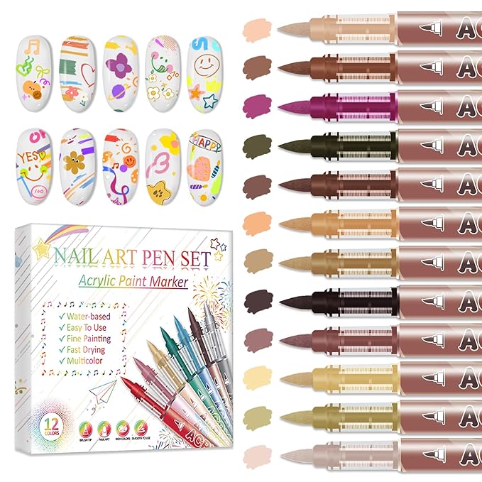 12 Colors Nail Art Pens Set, Nail Art Markers Polish Pens for Painting Nails, Acrylic Paint Drawing Painting Dotting Markers Pen Quick Drying Nail Art Design Manicure Tools 06 Brown