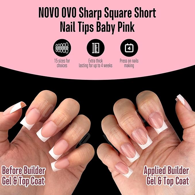 NOVO OVO Short Sharp Square White French Tip Nail Tips Press on BABY PINK, Need Builder Gel Top Coat Nail Glue, Soft Gel Fake Nail Extension, Full Cover False Nails for Salon DIY x 15 Sizes 240 pcs