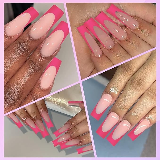 216PC Hot Pink French Tip Press on Nails Long Fake Nails Press ons with 10*Adhesive Tabs, Pink Square Acrylic Nails Press on Nails French Tip Nails False Artificial Fingernails Stick on Nails