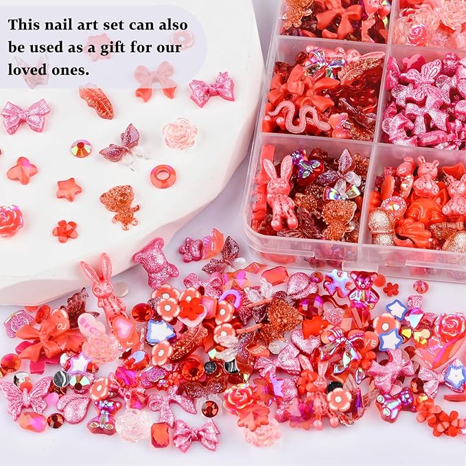 850 Pieces 3D Butterfly Rose Flower Bow Rabbit Bear Nail Charms Kit with Nail Art Rhinestones Pearls Crystal Gems Nail Slices for Manicure DIY Crafts Jewelry Accessories (Red)