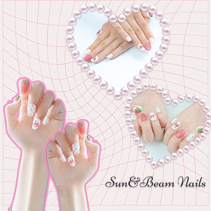 Sun&Beam Nails Handmade Press-on Short Squoval Round Pink Red White Green Flower Strawberry Dot Design Fashion False Nail Tips 10 Pcs Set (#174 L)