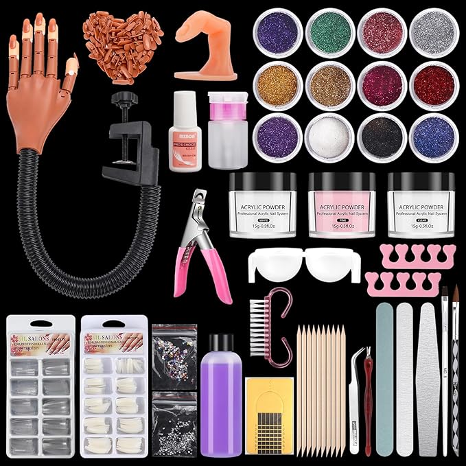 LIONVISON Practice Hand for Acrylic Nails,Flexible Practice Hands Fingers with Nail Kit,Acrylic Powder Brush Nail Art Decoration Tools for Professional Beginners