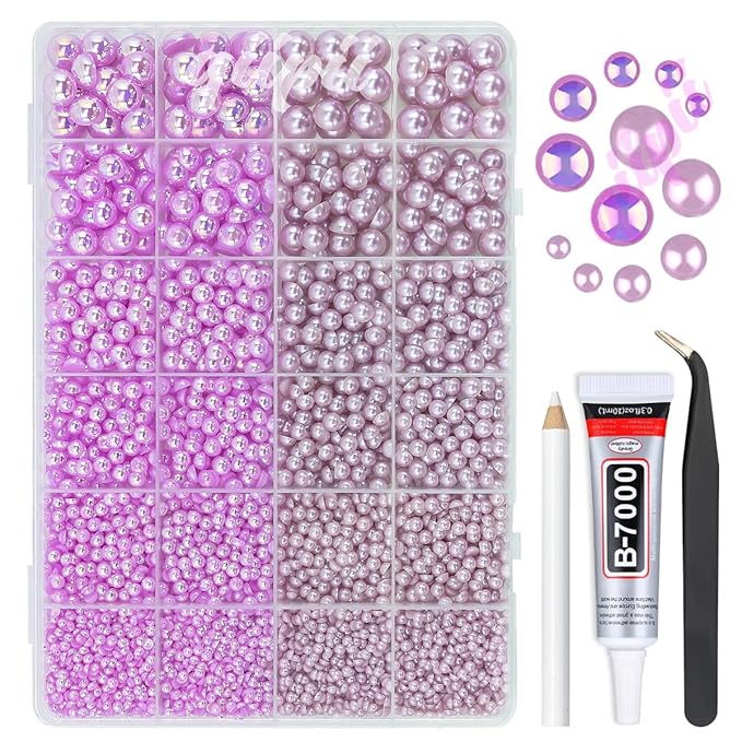 2 Styles Solid Purple+ Light Purple AB Flatback Pearls for Bedazzling Crafting 3mm-10mm Half Round Beads Gems Bedazzler Kit for Nails Face Eyes Makeup Tumblers Bottles DIY Crafts Shoes﻿ Phones