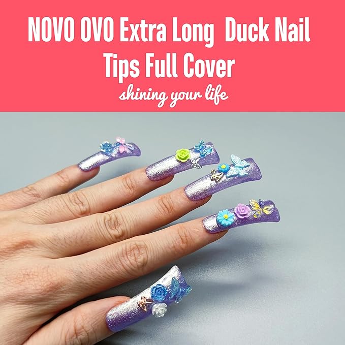 NOVO OVO 120 pcs Extra Long Duck Nail Tips Full Cover for Acrylic, Clear XL XXL Flare Feet Nails Press On, Y2K Vibe Wide French Soft Gel False Nail Extension for Art Salon x 12 Sizes in Box