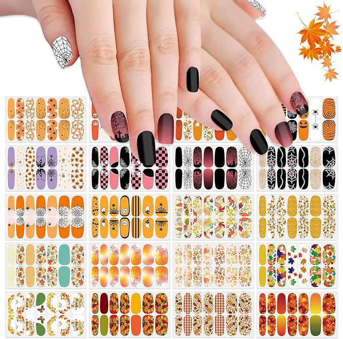 SILPECWEE 20 Sheets Nail Polish Stickers Full Nail Wraps for Women Fall and Halloween Nail Stickers Stick on Nail Polish Strips Gel Fingernail Manicure Design Self Adhesive with File