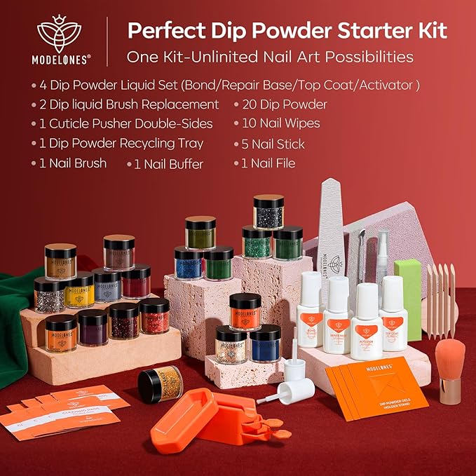 Modelones Christmas Dip Powder Nail Kit 20 Colors, Red Green Brown Orange Glitter Dipping Powder Starter Set Base&Top Activator Liquid French Nail Art Salon DIY Kit Gifts for Women