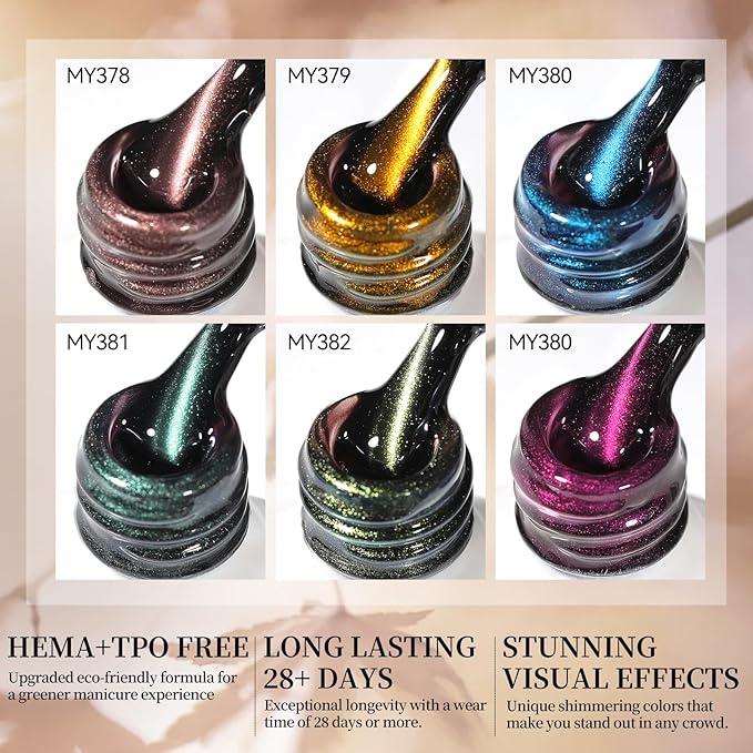 Born Pretty Cat Magnetic Eye Gel Nail Polish Set,6 Colors Glitter Green Blue Brown Gel Polish Cat Holographic Magnetic Nail Polish Nails Art Manicure Salon DIY at Home 7ML