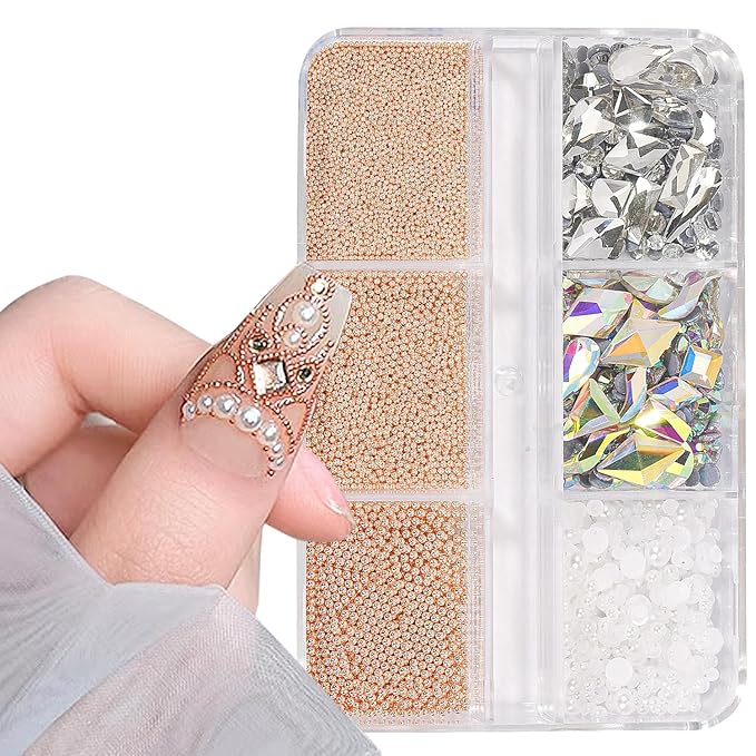 HNUIX 3D Nail Art Charms Rose Gold Nail Micro Caviar Beads Rhinestones for Acrylic Nails Mix Size Multishape AB Nail Rhinestones Nail Crystal Studs Flatback Pearl Kit for Nail DIY Craft Decoration