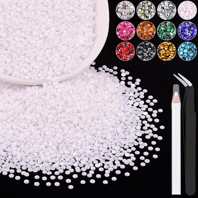 12000PCS 2mm Resin Rhinestones Bulk for Crafting (White), Flatback Bedazzling Crystals for Crafts DIY Nail Decoration, Gems Charms for Tumbler Shoes Clothing Fabric with Pickup Pen and Tweezers
