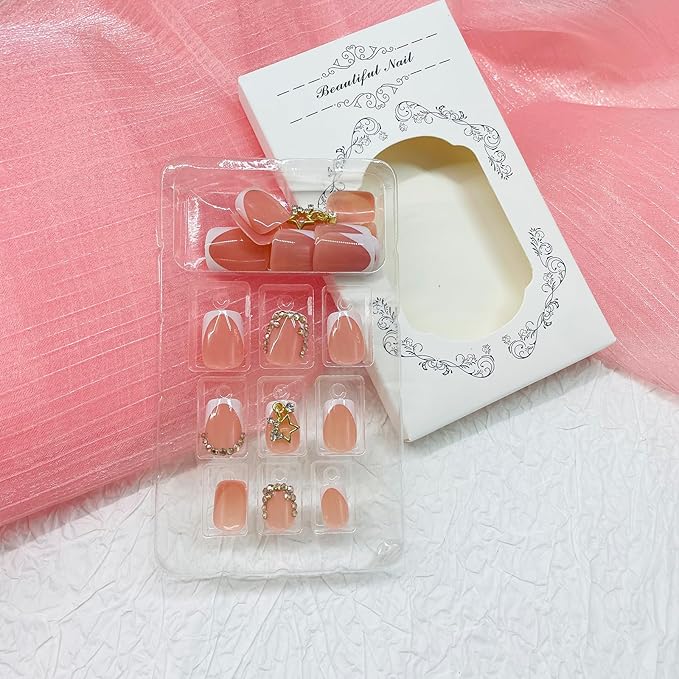 Square Press on Nails Short Fake Nails with Designs Stars Rhinestone Stick on Nail White French Acrylic False Nail Glossy Artificial Nail Full Cover Glue on Nails for Women 24Pcs