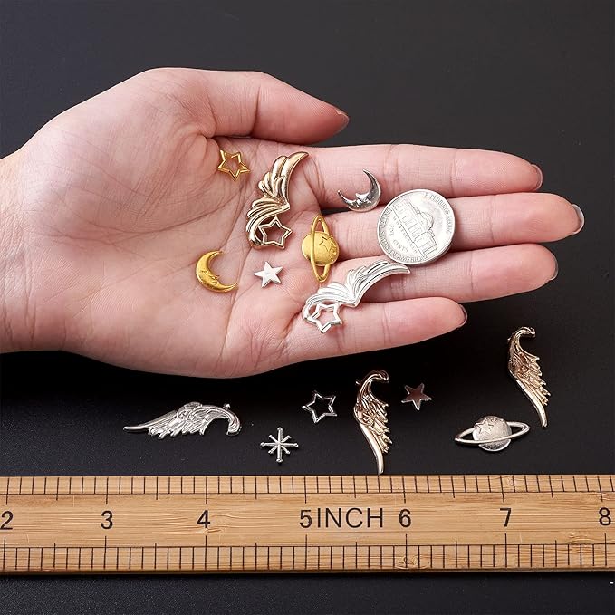 Pandahall 120Pcs Zinc Alloy Cabochons Charms Enamel Settings Mixed Shapes Wing Star Moon Asterism Links Cobochons for DIY UV Resin Epoxy Resin Filling