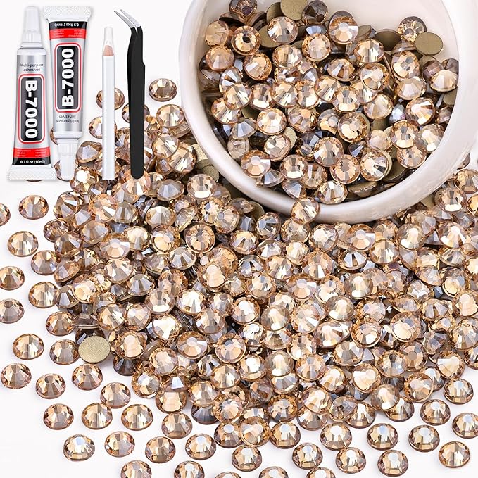 600PCS SS30/6mm Crystal Rhinestones (Golden Shadow/Champagne) with 2Pcs 10ml B7000 Jewelry Glue, Bedazzling Flatback Glass Rhinestones for Crafting, Gems Diomand for Tumbler Shoes Clothing Nail Art