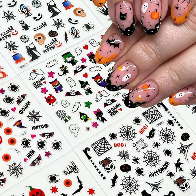 30 Sheets Halloween Nail Stickers 3D Self-Adhesive Pumpkin Nail Stickers for Nail Art Bat Skull Nail Art Stickers Ghost Nail Decals Holiday Nail Design Accessories for Women