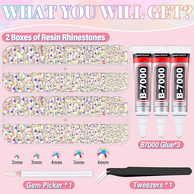 Resin Rhinestones for Crafting with 3Pcs 10ml B7000 Jewelry Glue, 2 Boxes Beige AB Flatback Gems Crystals Diamond for Bedazzling Crafts DIY Nail Art Makeup,Gems for Clothing Tumblers Shoes