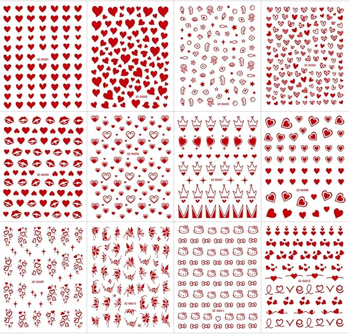 12 Sheets Valentines Nail Art Stickers Love Heart Nail Stickers Lip Nail Decals Red Self Adhesive Love Nail Art Supplies for Women Girls DIY Manicure Nail Art Decorations