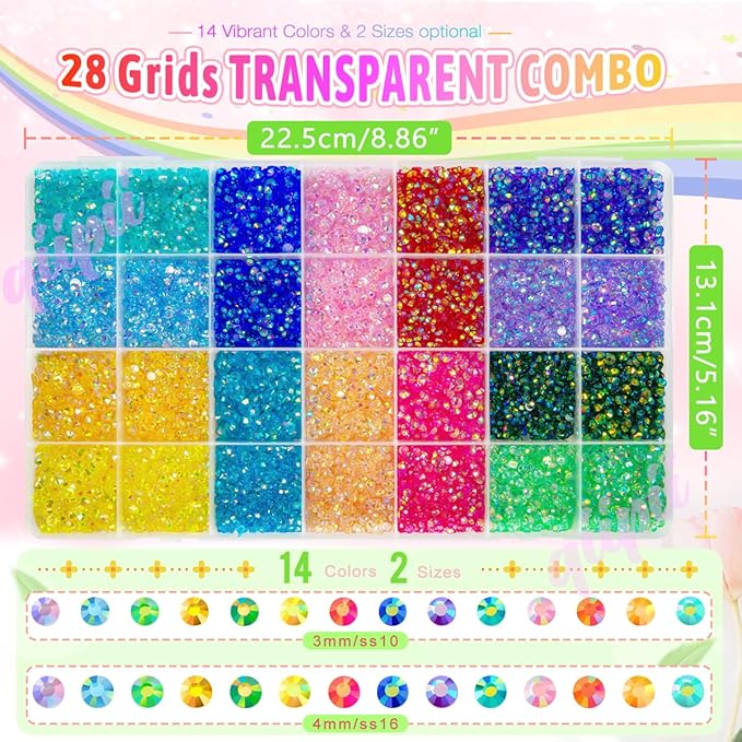 24000Pcs 14 Color 3mm 4mm Transparent AB Resin Rhinestones w B7000 Glue for Bedazzling Crafting Flatback Colorful Stones Crystals Gems Diamonds for Nails Face Makeup Tumblers Bottles DIY Crafts