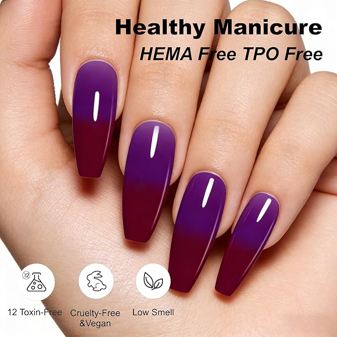 YTD Likomey Color Changing Gel Nail Polish,15ml Purple To Dark Wine Red Mood Temperature Change Colors Fall Winter Thermal Ombre Salon Quality Manicure UV Nail Varnish,HEMA Free TPO Free,WB502