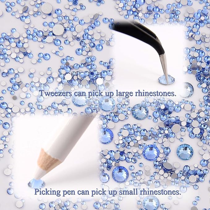 NCB 8000pcs Non Hotfix Rhinestones 10 Sizes Flatback Crystal Glass Rhinestones with Tweezers and Picking Pen for Nail Art Clothes Bags Phone Decorations Crafts DIY (005 Lt. Sapphire Mix SS3-SS30)