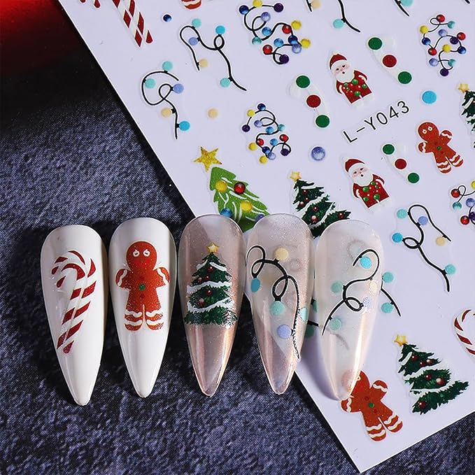Christmas Nail Stickers for Nail Art Cute Santa Claus Xmas Nail Art Stickers Colored Lights 5D Embossed Winter Nail Decals 3D Self-Adhesive Nails Supply Manicure Sliders for Nails Decoration 6 Sheets