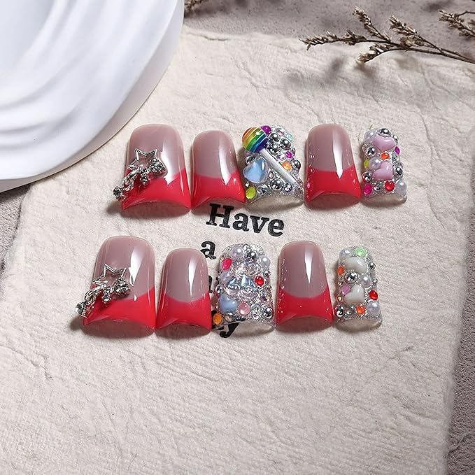Duck Press on Nails Medium Luxury Handmade Fake Nails Red French Tip False Nails with Glue Charms Design Muti-Layer Gel Thick Press ons Nail Reusable Nail for Women 10Pcs (Size M)