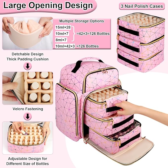Nail Polish Organizer Backpack Holds 126 Bottles& Nail Lamp, Extra Large Nail Kit Supplies Organizer Bag with 3 Removable Cases, Portable Nail Organizers and Storage for Trave (PU Leather Pink)