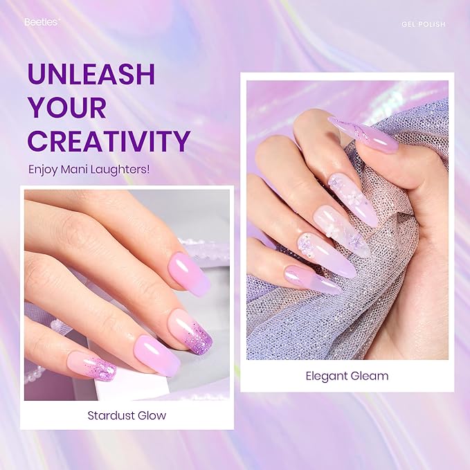 Beetles Purple Gel Polish Set - 6 Color Purple Shimmer Pearl Jelly Gel Polish with Nail Brush Soak Off LED Lamp Swirl Shell Thread Effect DIY Manicure Spring Gifts for Mom