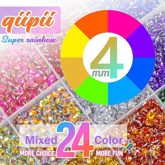 12600Pcs 24 Color 4mm Crystal AB Resin Rhinestones w B7000 Glue for Bedazzling Crafting Colorful Flatback Stones Crystals Gems Diamonds Charms for Nails Eyes Face Makeup Tumblers Bottles Crafts