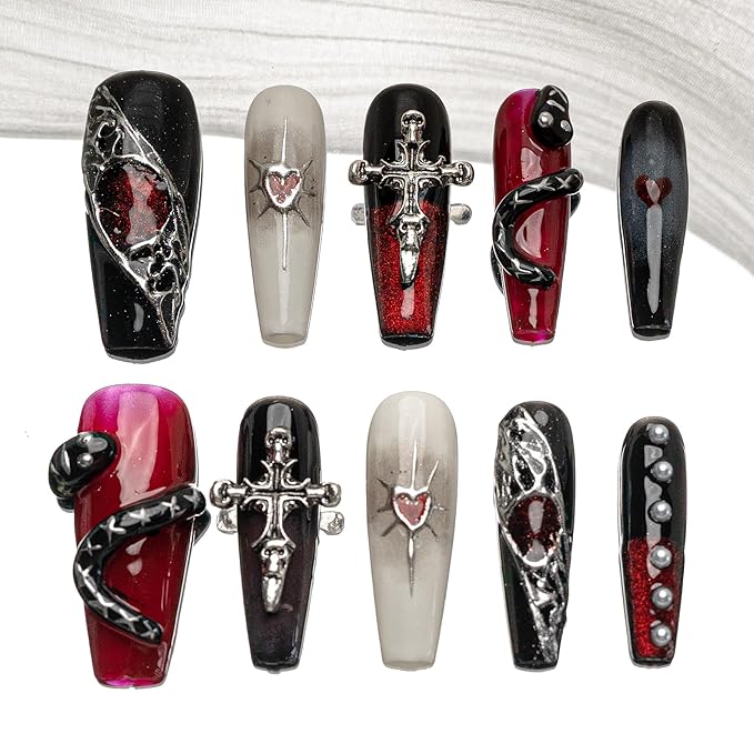 Sun&Beam Nails Handmade Press-on Long Coffin Ballerina Red White Black Silver Glam Halloween Ombre Design Fashion False Nail Tips 10 Pcs Set (#189 L)